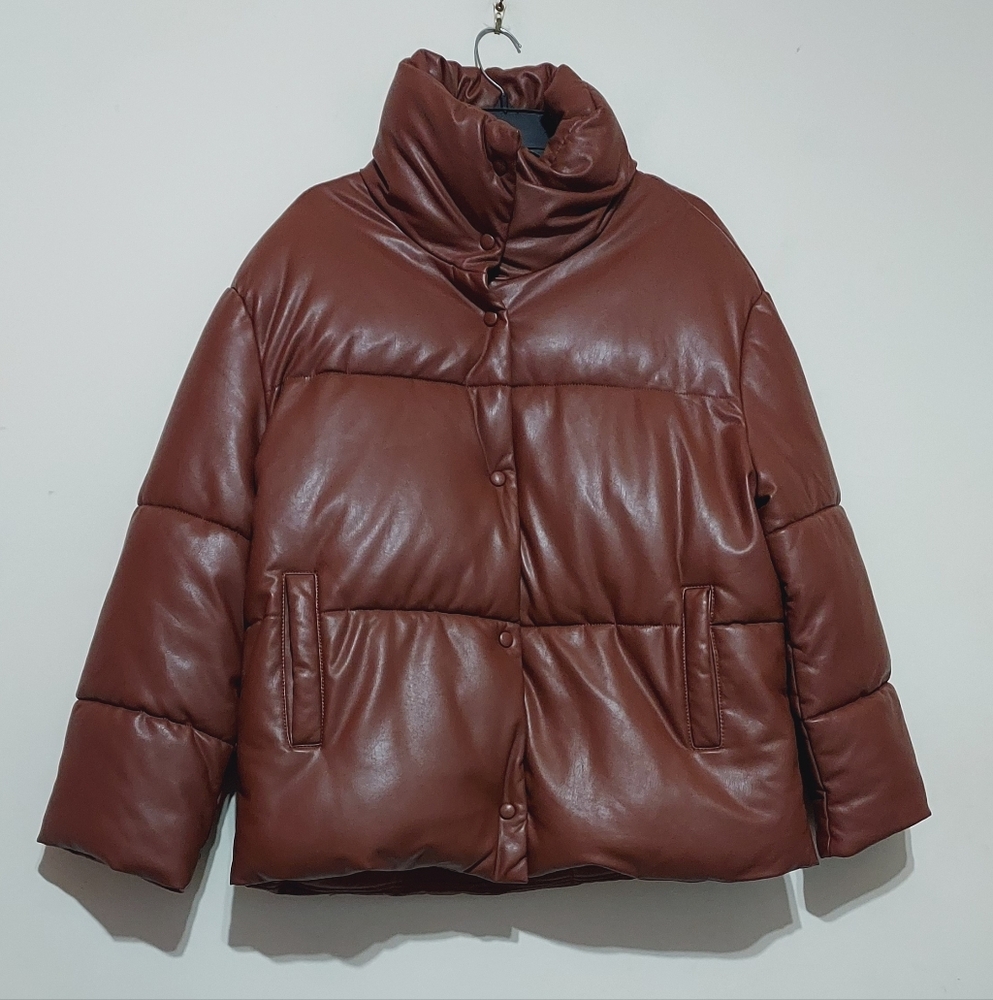 Aves Les Filles Women's Brown Faux Leather Puffer Coat/Jacket Sz-M
